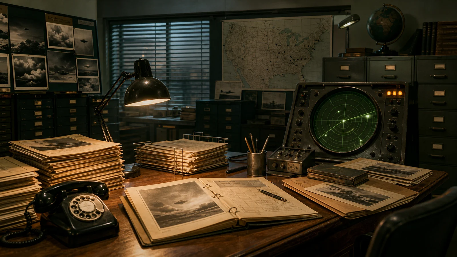 1980年代の公文書風に描いた、Project Blue Bookの紙ファイルとレーダー画面