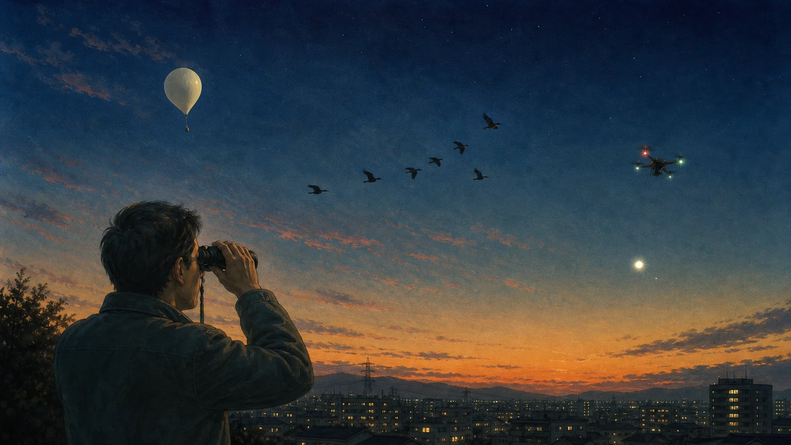 1980年代の図鑑風に描いた、風船・鳥・ドローン・金星の誤認パターン