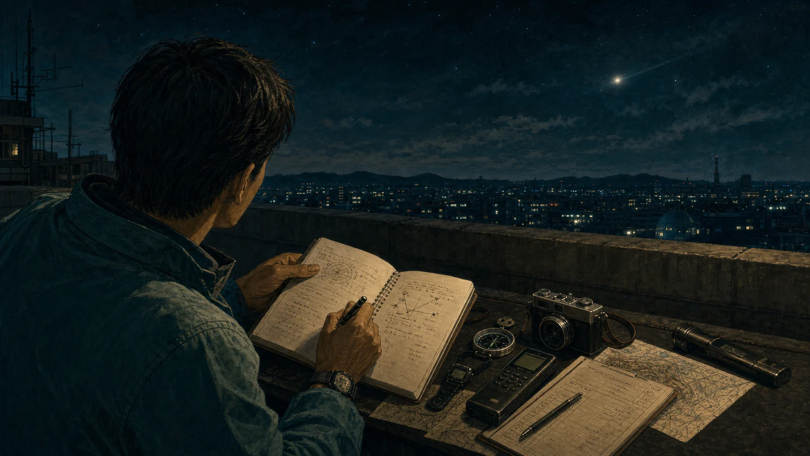 UFO検定の学習をイメージした観測ノートと夜空のイラスト